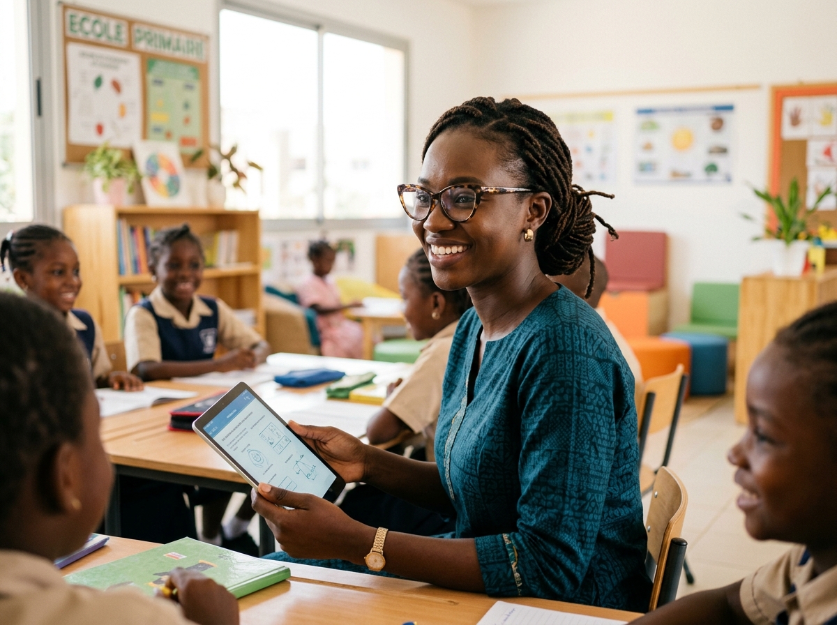 Enseignante utilisant Orbia sur sa tablette en classe au Sénégal